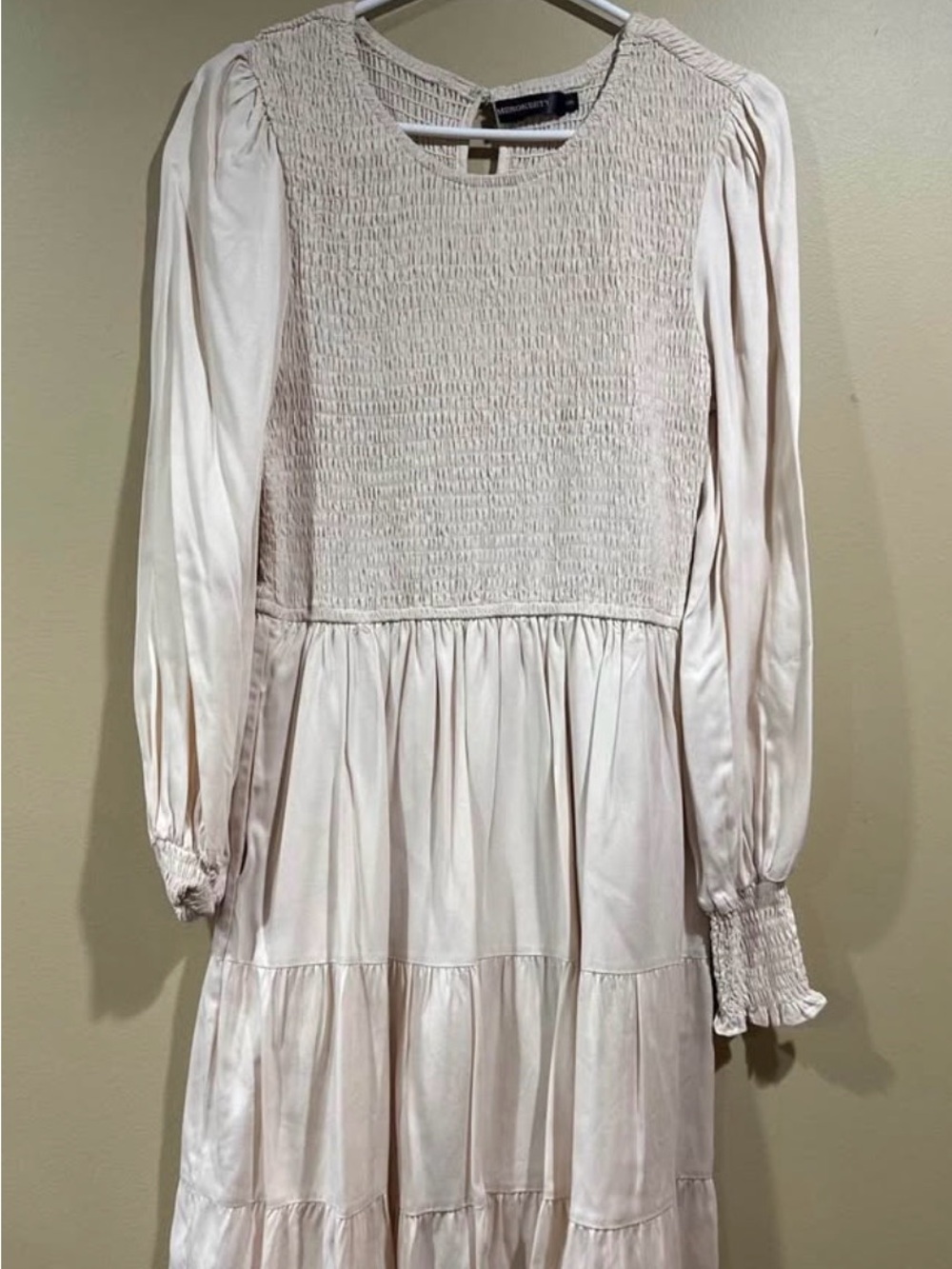 Smocked Bodice Long-Sleeve Midi Dress in Blush